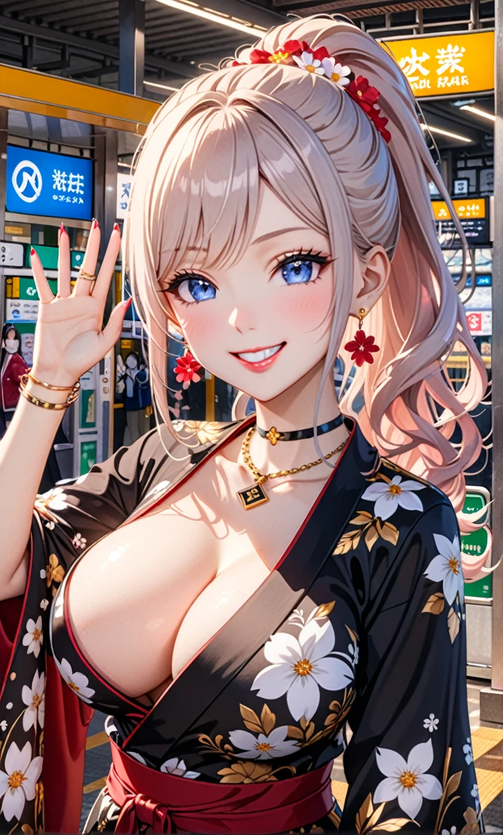 ultra-detailed, ((one girl)), (pale skin:1.3), in pastel colors gyaru, hyper detailed, absurdres, 8K, fair skin, Beautiful Face, (heavy makeup), (Laugh shyly), ((teasing smile:1.8)), ((Wink:1.6)), (Laugh with your mouth wide open),((Tilt your head:1.6)), View your viewers, ((Bright red cheeks:1.6)),Glossy Red Lips, ((blue eyes)), ((Big Breasts:1.5)), ((show off breast:1.4)), noon, Station ticket gates, ((Anime style background)),masterpiece, Highest quality, so beautiful,Latest, Complex details, (Pink long nails), (nail art), (ring),(bracelet), (Floral choker),AI-generated, Complex,High resolution, Highest quality, super high quality,3D Images、3D Images,One person,long white hair,(High Ponytail), (wavy hair:1.1), Anime woman posing for a photo, ((Fine grain、blue eyes、glowing eyes:1.4)), (Squint your eyes:1.1),a hyperRealistic , hyperRealistic , Realistic,Anime woman with long white, Smooth anime CG art, Girl in black kimono, Gold embroidery, ((black furisode)),(Large floral pattern) Long flower hair ornament,Floral Earrings,Mature Body, tall,Abdominal muscles,Narrow waist,((waving at viewer:1.3)), (front view),