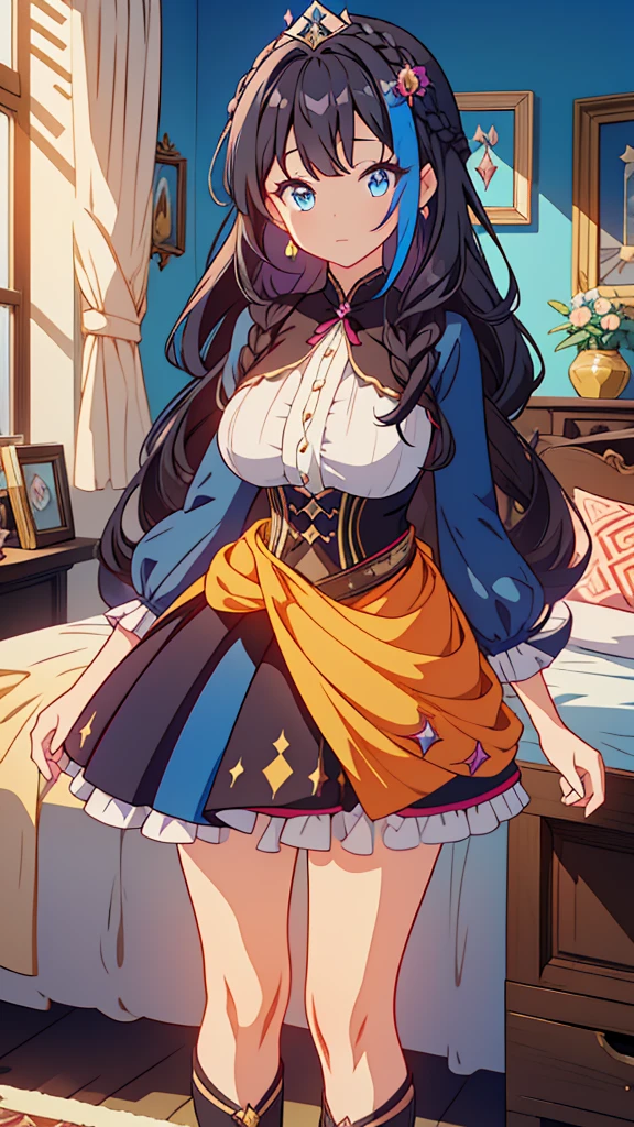 best quality, extremely detailed, anime style adult 1girl, long hair down to the waist, straight hair, ((dark black hair with bluish)),crown braid,beautiful detailed eyes, pinched eyes, dark blue eyes, huge breasts,curvy,(((colorful clothing))),Western clothes,Active Clothing,Clothing with intricate decorations,star decoration,((foppery shoes)),((read a book)),animation cap,animated gif,((((western princess room)))),
