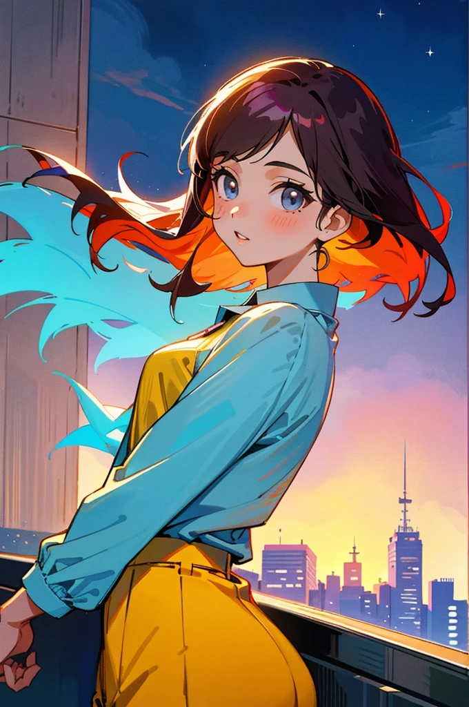 masterpiece, Highest quality, One Girl, City Pop, night, Let&#39;s take another look, Upper body, Vector illustration, Jacket, smile, Blunt bangs, Hair length, Lofi Art, Long Straight Hairstyle,