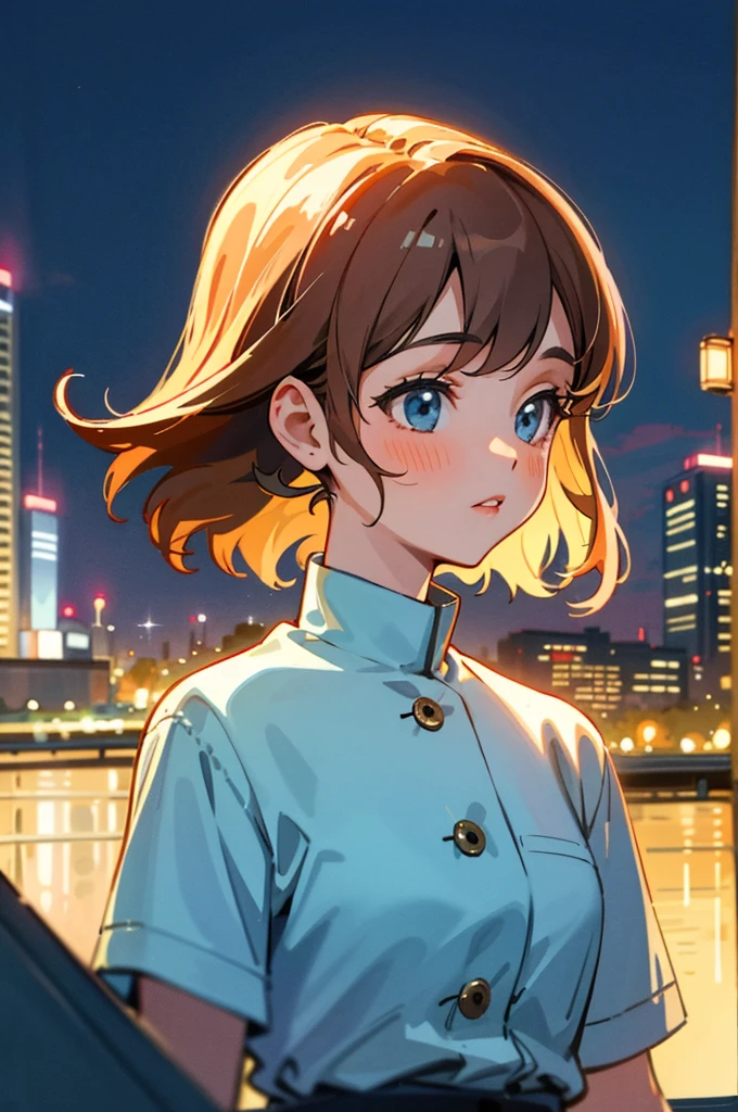 masterpiece, Highest quality, One Girl, City Pop, night, Let's take another look, Upper body, Vector illustration, Jacket, smile, Blunt bangs, Hair length, Lofi Art, Long Straight Hairstyle,