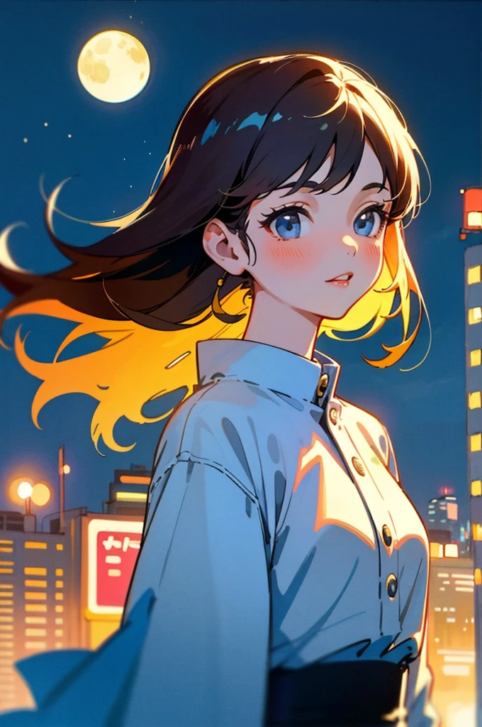 masterpiece, Highest quality, One Girl, City Pop, night, Let's take another look, Upper body, Vector illustration, Jacket, smile, Blunt bangs, Hair length, Lofi Art, Long Straight Hairstyle,