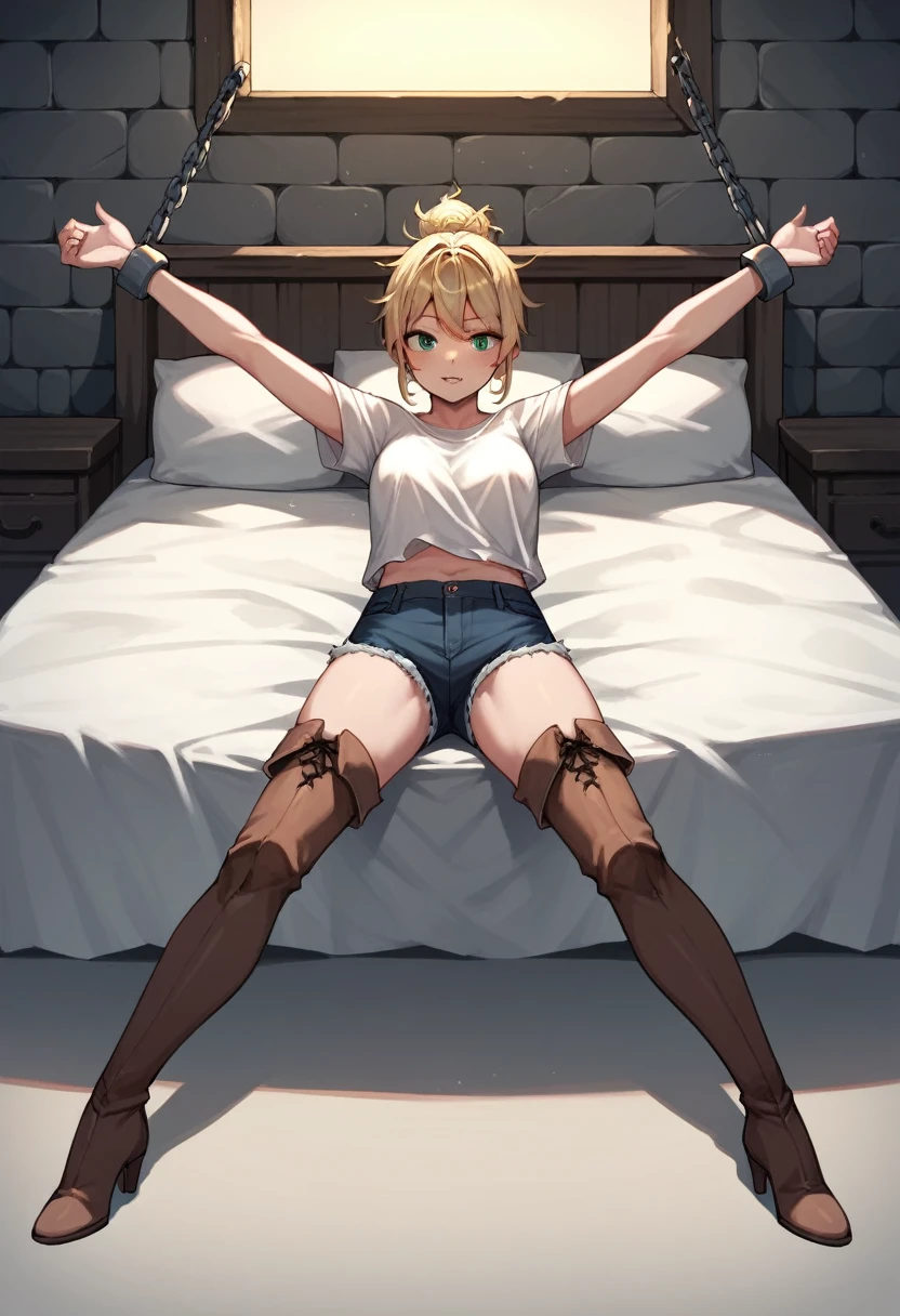 score_9, score_8_up, score_7_up, score_6_up, score_5_up, score_4_up, source_anime, 1girl,bed, blonde hair, hair bun, green eyes, w-w-chain, spread arms, messy hair, white shirt, shorts, thigh high boots, brown boots, heels, night, dungeon, best quality, best res, 4K UHD,
 