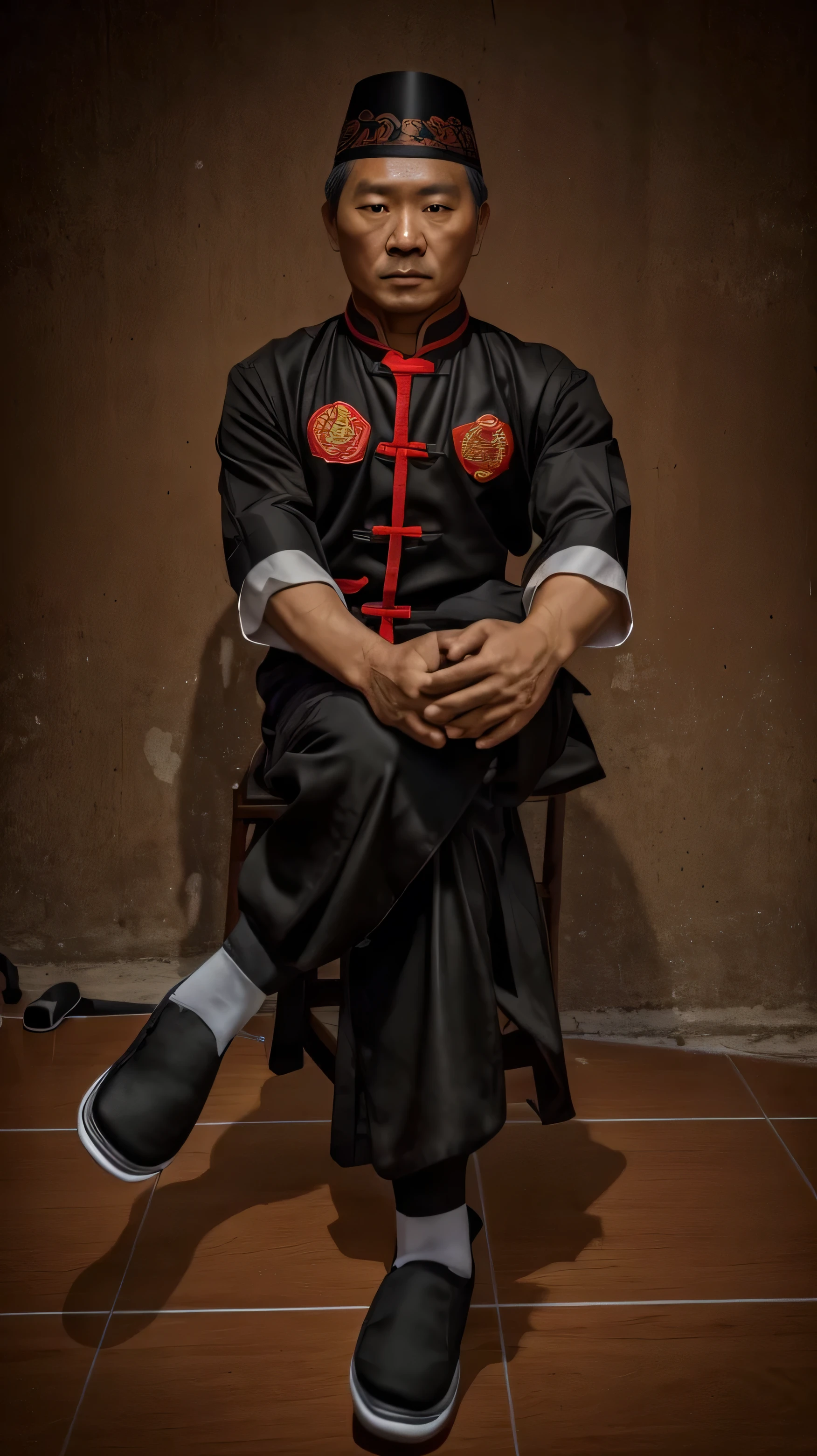 there is a man sitting on a chair wearing a black uniform, a colorized photo inspired by Liao Chi-chun, cg society contest winner, realism, in the style of sifu 🔥 😎 🕹️ 👀 :2, traditional tai costume, realism artstyle, wearing authentic attire, changquan, with acient chinese clothes, [ digital art ]!!, potrait