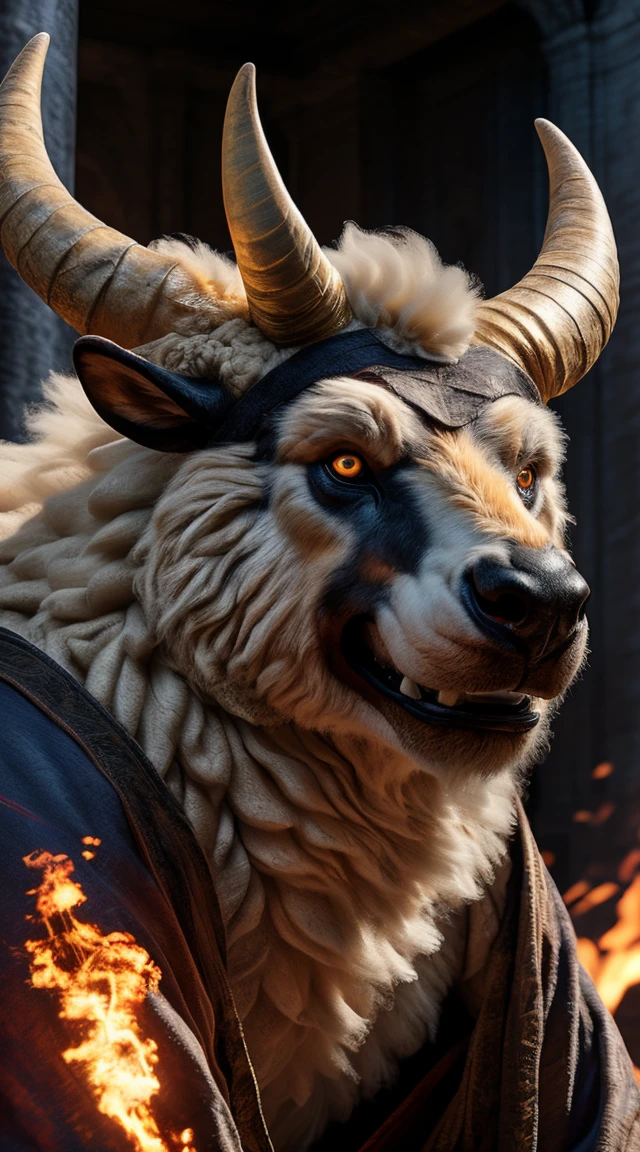 part: 1.2), ultra-detalhado, (Realistic, photorrealista, photo-realistic: 1.37), ( Big horn sheep Orochi definitivo) bright shining golden eyes realistic fire background of the completely destroyed United States alone looking at the camera serious expression.