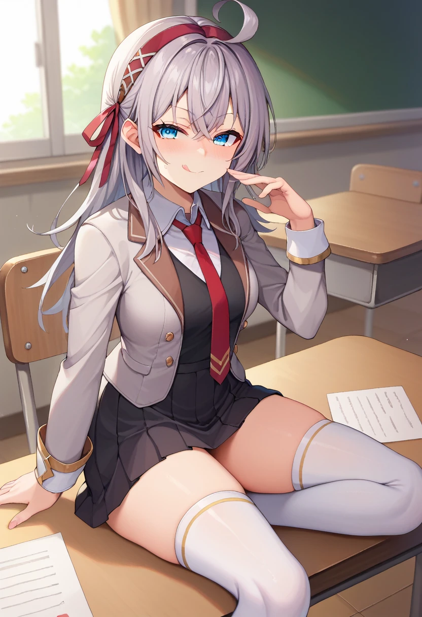 score_9, score_8_highly, score_7_highly, source_Anime-Series, 1 girl, alya, grey hair, Long hair, Ahoge, hair band, blue eyes, , necktie, black skirt, white stockings, meeting, on the table, Fußfocus, naughty face, Licking lips, Viewers look at, from bottom, classroom 