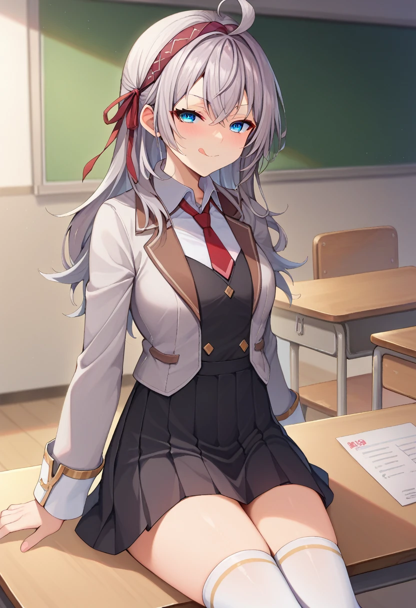 score_9, score_8_highly, score_7_highly, source_Anime-Series, 1 girl, alya, grey hair, Long hair, Ahoge, hair band, blue eyes, , necktie, black skirt, white stockings, meeting, on the table, Fußfocus, naughty face, Licking lips, Viewers look at, from bottom, classroom