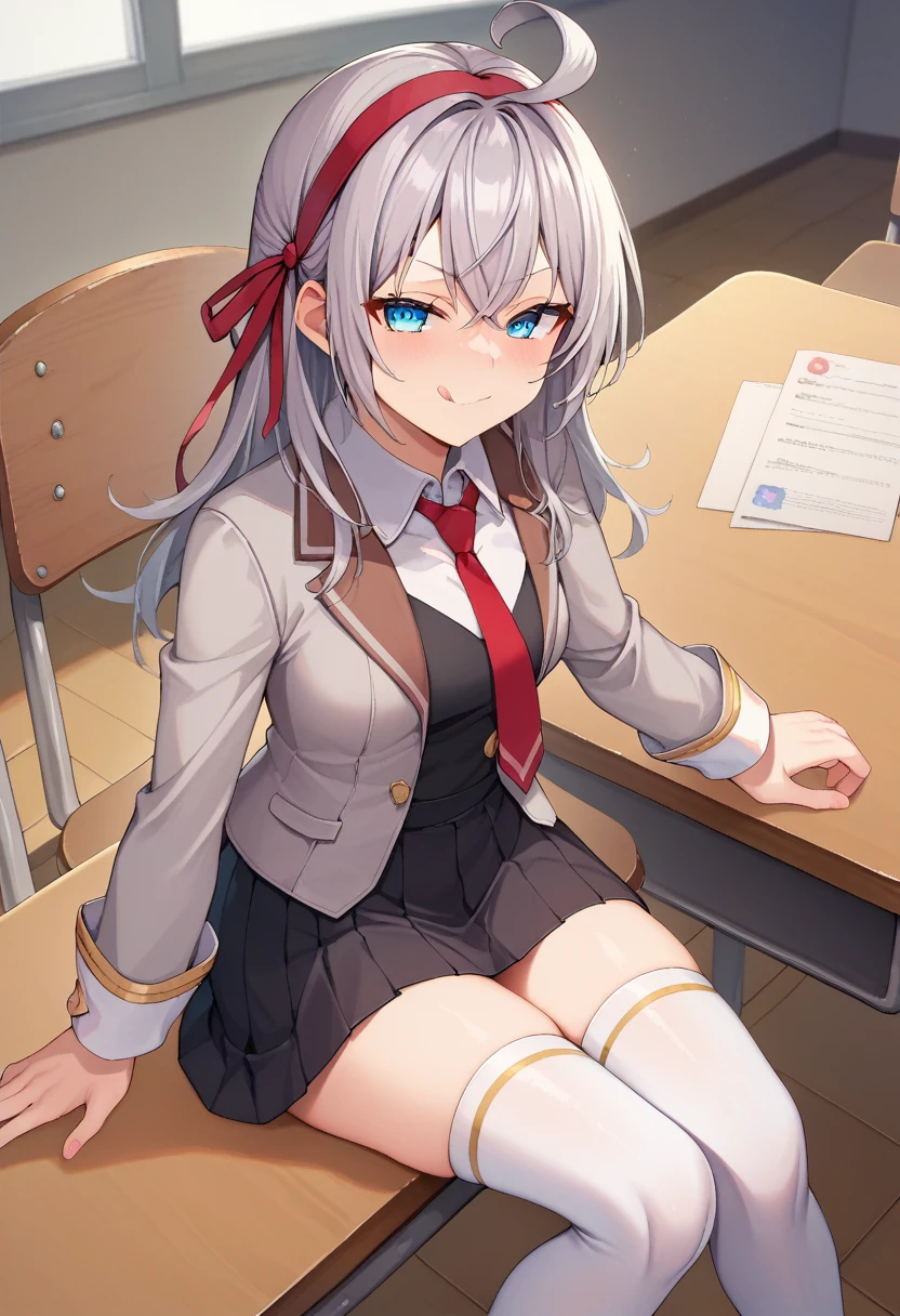 score_9, score_8_highly, score_7_highly, source_Anime-Series, 1 girl, alya, grey hair, Long hair, Ahoge, hair band, blue eyes, , necktie, black skirt, white stockings, meeting, on the table, Fußfocus, naughty face, Licking lips, Viewers look at, from bottom, classroom 