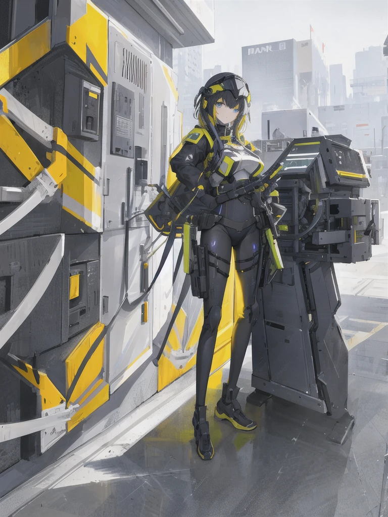 extremely clear 8K wallpaper, extremely delicate and detailed face, absurdres, masterpiece, full body, An android girl with a wasp motif, a helmet and flight suit intricately designed in fluorescent yellow and matte black, the helmet is designed to cover everything from her head to her nose, and her mouth has a sinister smile. , It has a huge needle part on its hip, which shows its high fighting ability., splatter ground, standing with hand on hip,
