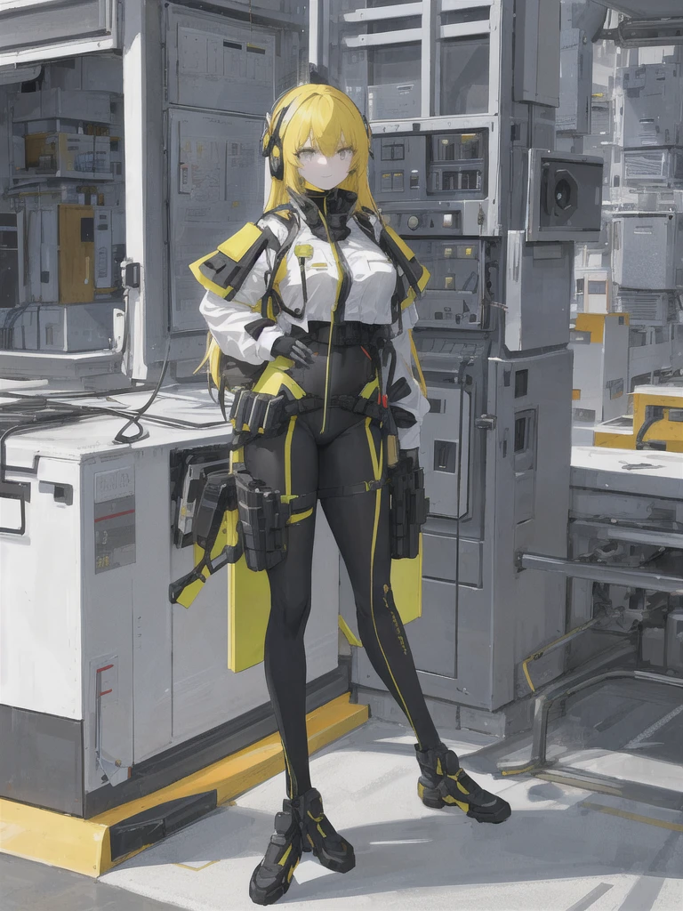 extremely clear 8K wallpaper, extremely delicate and detailed face, absurdres, masterpiece, full body, An android girl with a wasp motif, a helmet and flight suit intricately designed in fluorescent yellow and matte black, the helmet is designed to cover everything from her head to her nose, and her mouth has a sinister smile. , It has a huge needle part on its hip, which shows its high fighting ability., splatter ground, standing with hand on hip,