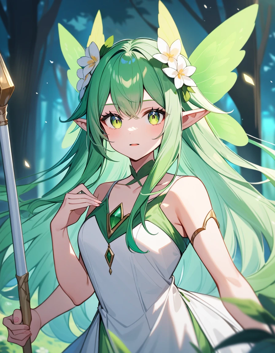 Green hair woman,  siren eyes, forest fairy,  weilding a staff, white clothes 
