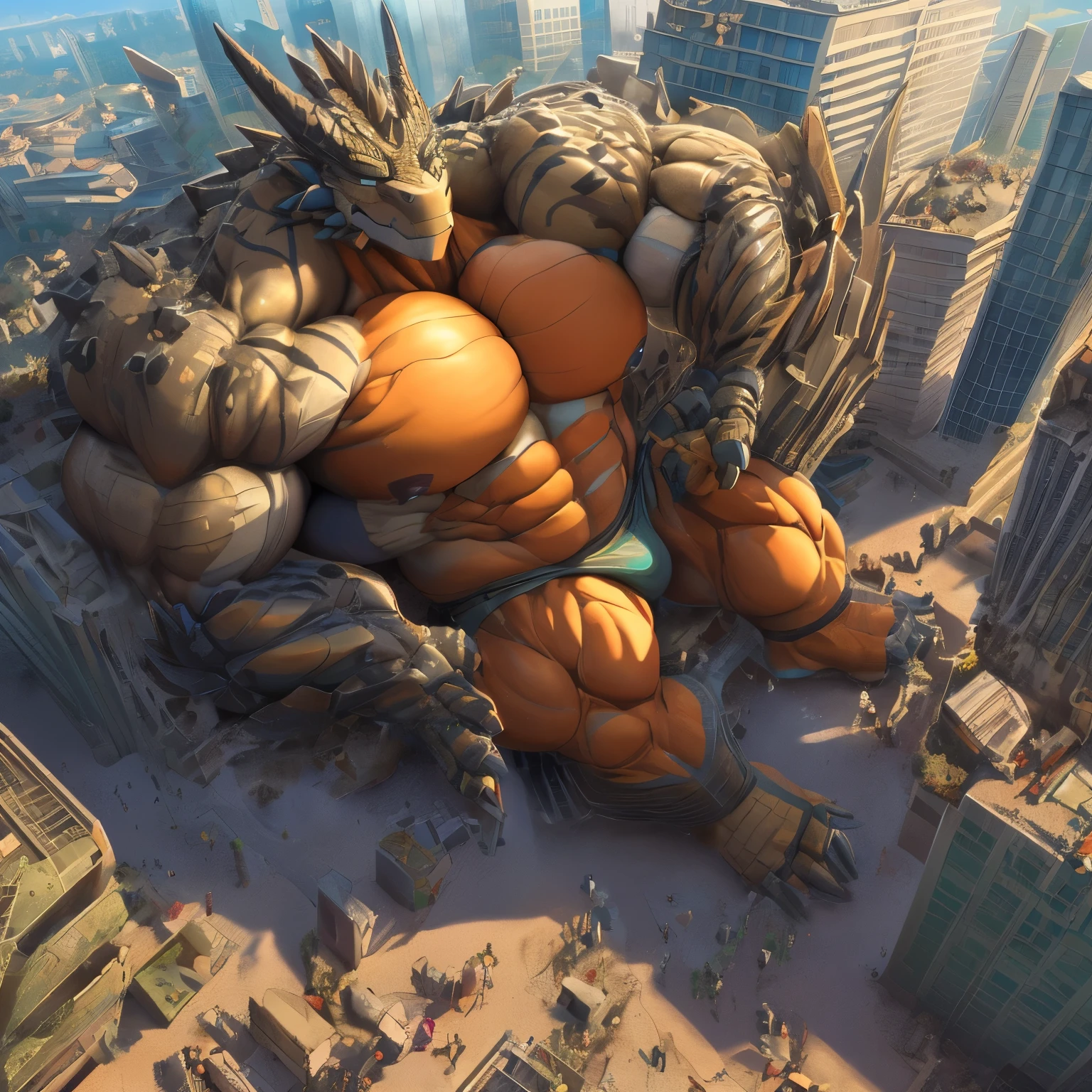 The as big as a mountain Exoskeleton Dragon in the modern city，Exoskeleton Dragon(massive:3.0,Big Muscle:1.4)，macro，Emphasize huge size，Stepping on the ruins，stepping on the collapse bus,background((destroyed,the collapse buildings,the collapse bus，Sparks))high angle perspective