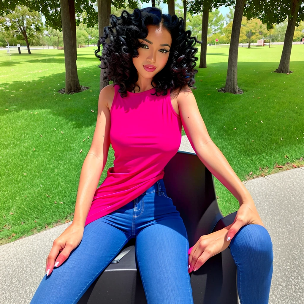 analorde, a woman, smiling, sitting under the tree, deep cut black top, tight jeans, big natural , realistic, photography, red curly medium hair,