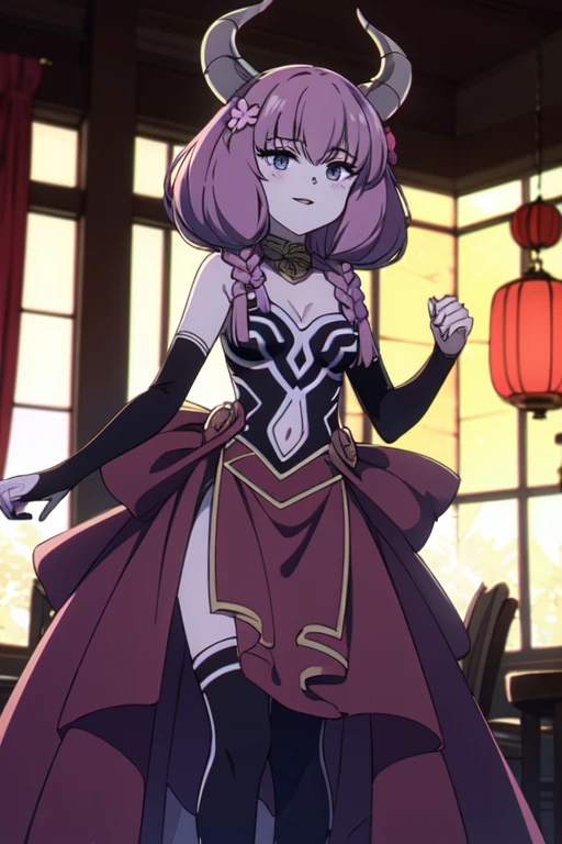 ((Best quality))),((Ultra-detailed)),((illustration)),((Disheveled hair)),((frilld)),(1 girl),(Solo),
1girl,bare_shoulders,black_legwear,blush,breasts,breath,china_dress,chinese_clothes,covered_navel,dress,floral_print,hair_ornament,heavy_breathing,long_hair,looking_at_viewer,red_dress,small_breasts,smile,solo,steam,thighhighs,rating:safe,arm_at_side,bangs,bare_arms,brown_legwear,clavicle,clothing,contrapposto,covered_collarbone,covered_erect_nipples,curtains,day,female,female_only,flower,groin,hair_bun,hair_flower,hand_up,legs_together,legwear,light_particles,oli_face,no_bra,nopan,open_mouth,parted_lips,pelvic_curtain,red_flower,shiny,shiny_clothes,shiny_hair,shiny_legwear,short_hair_with_long_locks,sidelocks,side_slit,skindentation,skin_tight,sleeveless,sleeveless_dress,standing,tied_hair,window,
pink hair,grey eyes,Horns,