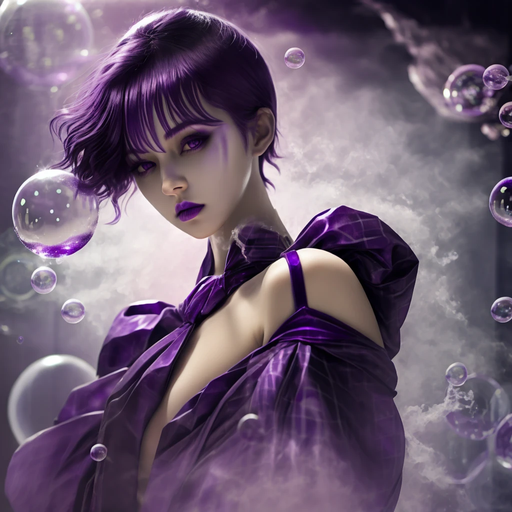 Alone, 1 girl, purple eyes, purple hair, bubble, looking at the viewer, portrait, half closed eyes, short hair, Closed mouth,shiny bubbles,bubbles, colour shining in bubble, reflective bubbles,bubbles ,bubbles all around, turning into bubble