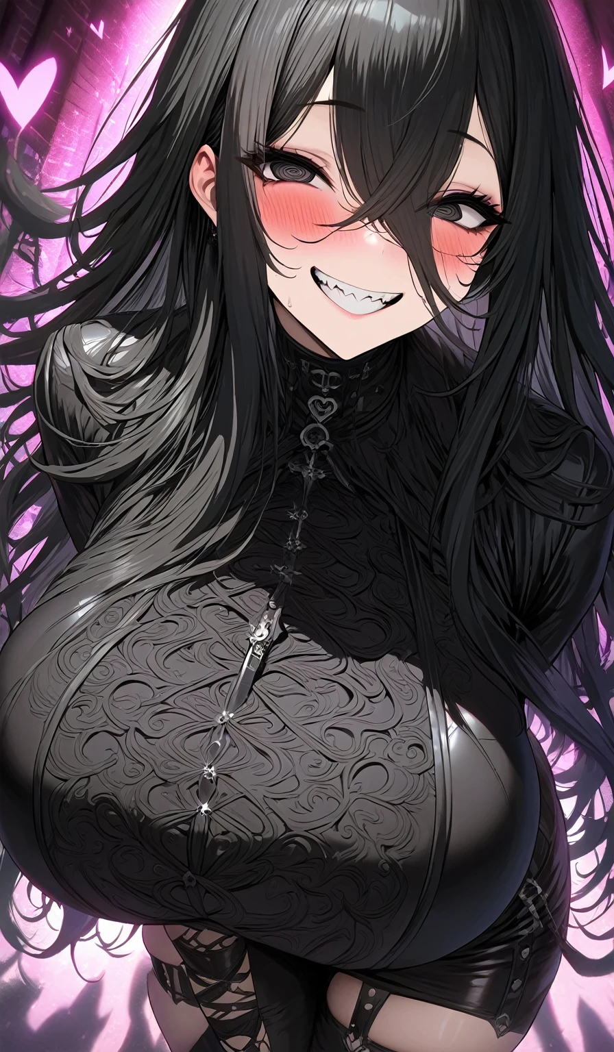 Masterpiece, very detailed, ultra detailed, one, (1 woman), woman in Gothic black leather clothes, black eyes, spiral eyes, with blushes on her face, with a big toothy crazy and obsessed smile, long black straight hair and long bangs, with huge breasts, around it an aura of love and bright hearts, against the background of the church