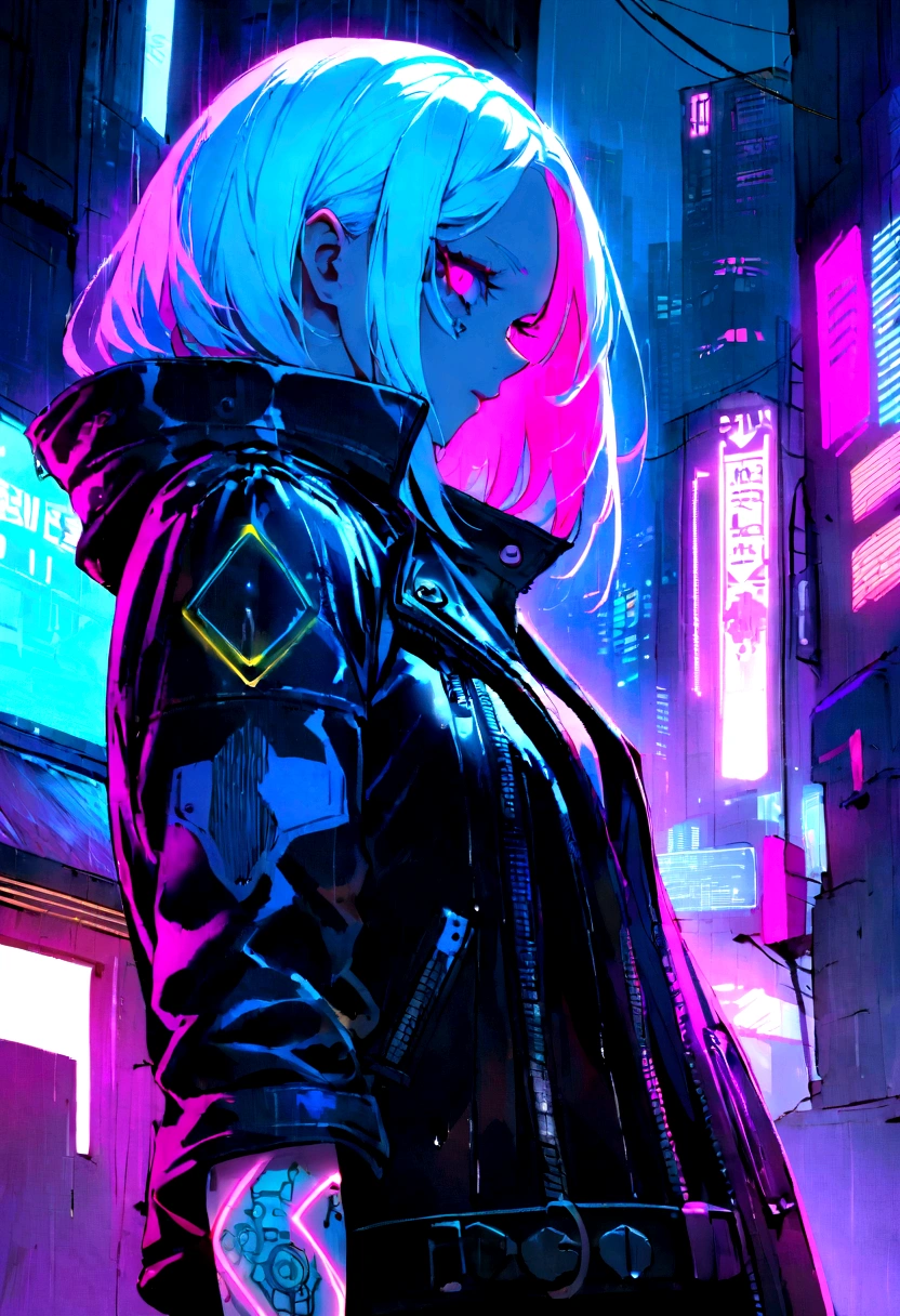 Cyberpunk girl with glowing neon hair and a rebellious style, wearing a leather jacket with high-tech details, surrounded by neon lights and holograms in a rainy futuristic city. She has a circuit tattoo on her arm and a defiant look. The atmosphere is dark and mysterious, with a strong contrast between neon lights and city shadows.”