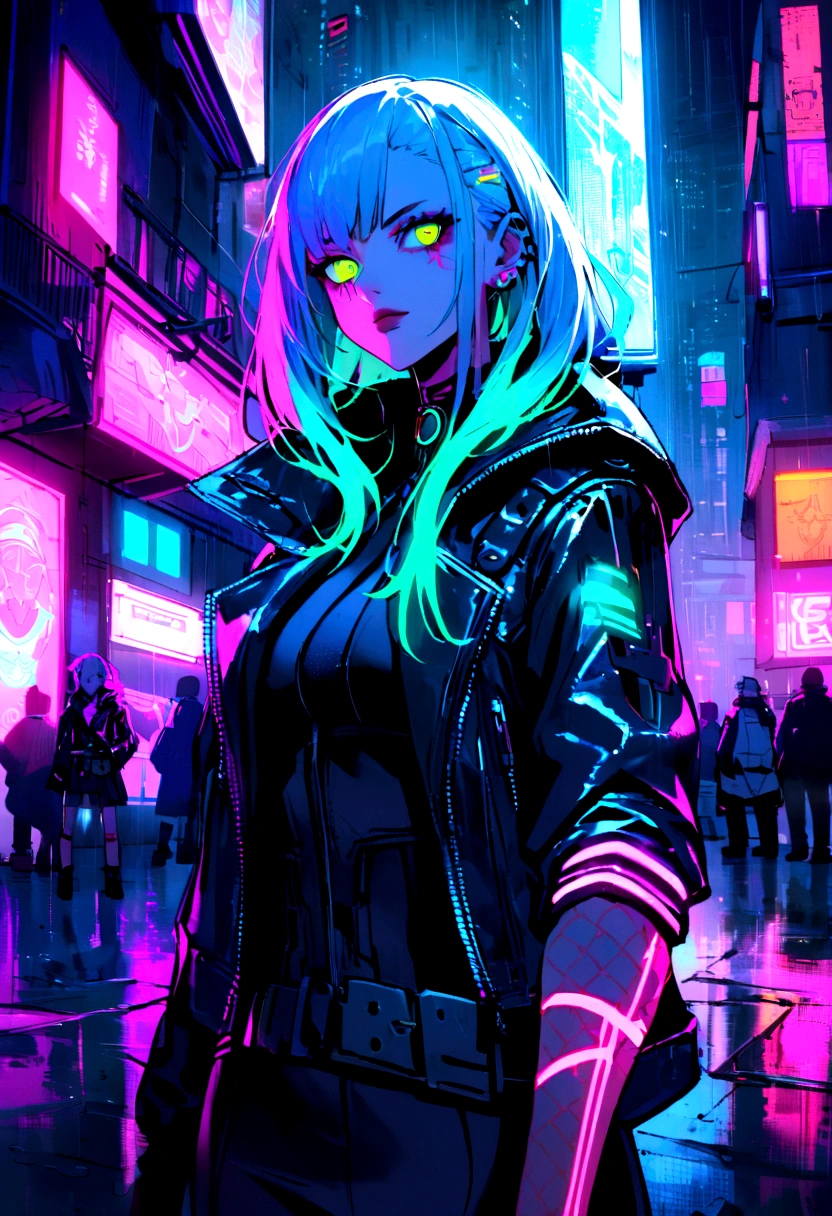 Cyberpunk girl with glowing neon hair and a rebellious style, wearing a leather jacket with high-tech details, surrounded by neon lights and holograms in a rainy futuristic city. She has a circuit tattoo on her arm and a defiant look. The atmosphere is dark and mysterious, with a strong contrast between neon lights and city shadows.”