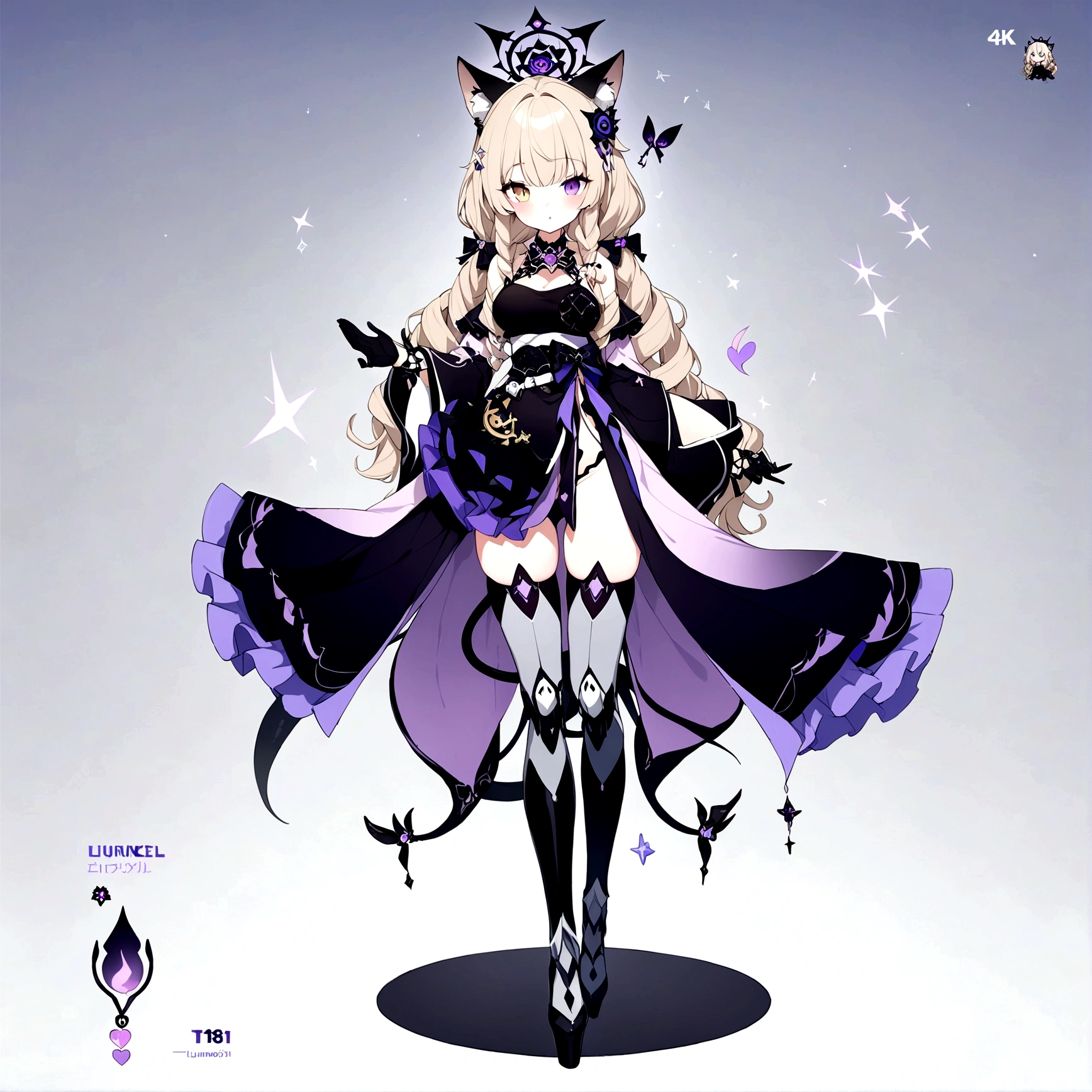 1 woman 180 cm tall. (character design sheet: front view). Dark blonde long hair, slim build, wavy hair with hip length curls, has a short central tuft, She has two short braids on the left and right side of her head with two small ribbons on each braid.. Two It has black serval ears with gray and purple inside located on the top of the head.. small face. (heterochromia: one gray eye and one purple eye), has small ribbons on the right and left side of the hair. extremely detailed face, Beautiful detailed eyes, beautiful detailed lips. adorable, extremely detailed legs, (Best Quality, 4k, 8k, high resolution), ultra detailed, Exquisite and epic character art.. Black platform heels, Elegant one-piece long dress with ruffle skirt and wide sleeves. Drawings of golden gears on the dress, star and ribbon decorations on the dress. black gloves with gold lines. gray belt at the waist with a large ribbon and a bright pink heart in the middle. black necklace with heart emblem on the neck. It has a succubus tail with a small purple luminous star at the tip accompanied by a small ribbon.... (wide hip). Luminous black halo with purple star patterns above his head.... (medium chest size). Thigh High Mechanical Legs in Black and Purple.