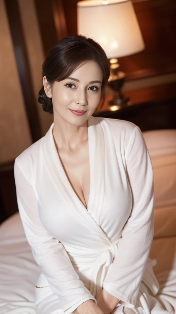 Tabletop,Highest quality, (Dear. :1), ,（Sitting on a bed in a luxury hotel suite:1.3)、Staring at me、Full body photo night，(Wearing a white bathrobe:1.2)、(Beautiful Mature Woman:1.5)，、Long legs，Hyper detail on skin，（Small Face:1.3)，Panoramic View，（Slightly thicker:1.3)、，(Big Breasts:1.4)，(Beautiful women over 45 years old:1.5),  （Hair tied back in an updo:1.5)、Perfect Face,,  (Detailed facial features),  (A clean and elegant face:1.5)、,(Dimly lit room:1.3)、Beautiful lighting、（Luxurious interior:1.2)、