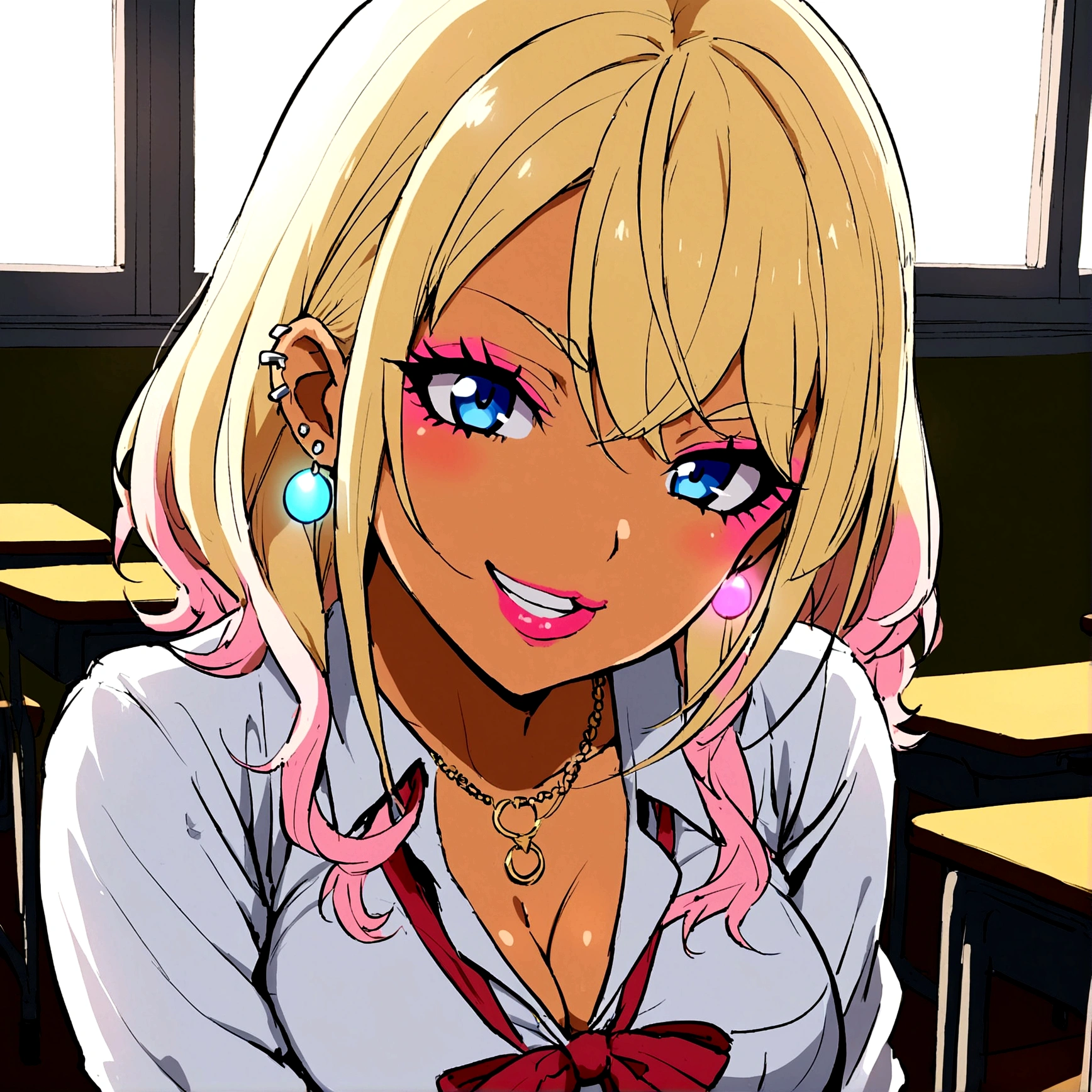 anime school girl, gyaru, beautiful girl, seductive smile, classroom, sexy gyaru, blond hair with pink bangs, earrings, blue eyes, school open uniform