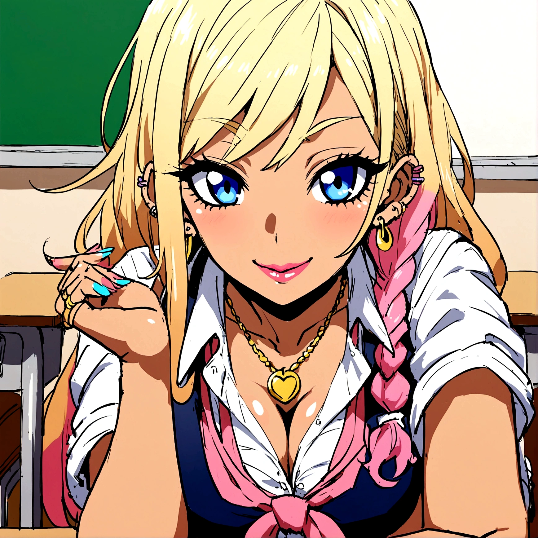 anime school girl, gyaru, beautiful girl, seductive smile, classroom, sexy gyaru, blond hair with pink bangs, earrings, blue eyes, school open uniform
