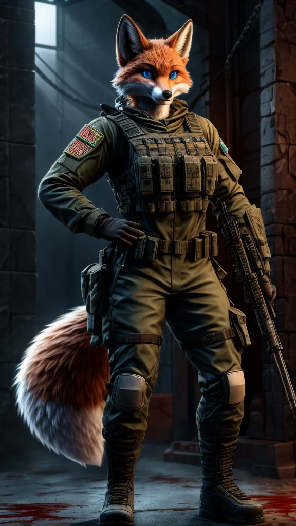 White female fox, blue eyes, tall, muscular, mature adult, combat military suit, covered in blood, rogue soldier, standing, wielding a weapon, detailed, solo, beautiful, high quality, 4K