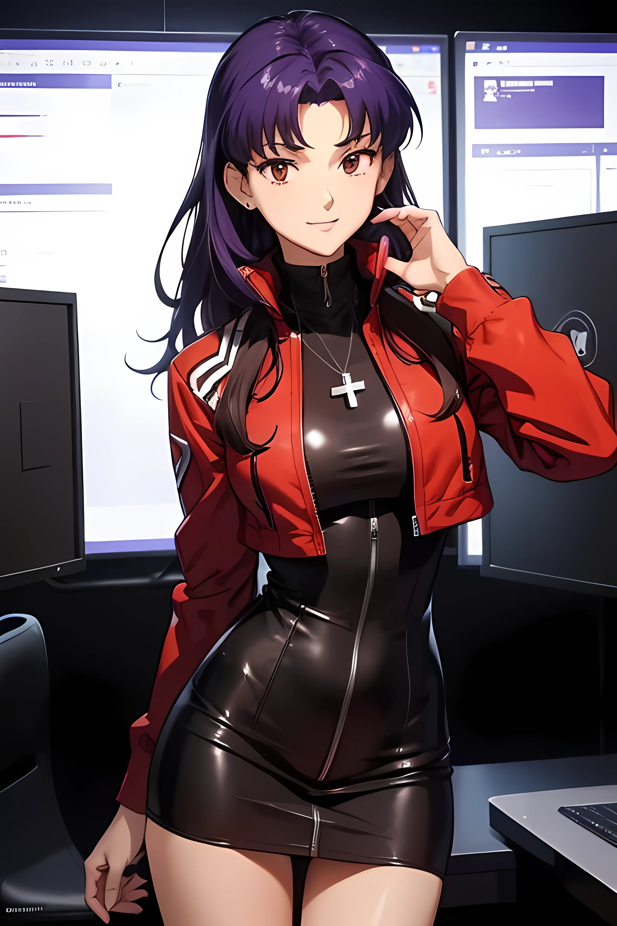 Anime girl in latex outfit posing in front of computer monitors ...
