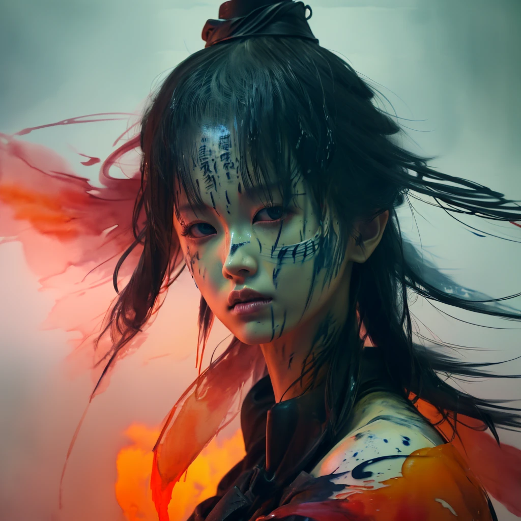 face portrait of MeiyuCipher 1girl moving orange beak aura, damaged chinese clothing, floating pieces, trend on Artstation, sharp focus, intricate details, Very detailed, detailed face (ink and watercolor painting, Brushstrokes, by Russ Mills and Yoji Shinkawa) Best Quality, absurdities, (negative space) ,