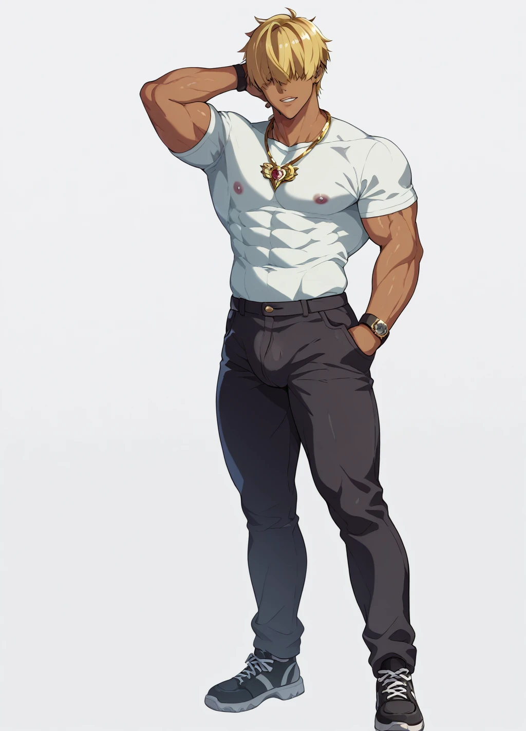 Blonde、Detailed illustrations、Ultra-precise expression、masterpiece、Highest quality、ultra High resolution、High resolution、Hiromitsu Takeda Style、White background、Simple Background、stand、whole body、ung man、Brown Skin、hair over eyes、solo、Bad look、Black Hair、Muscular、stand、White clothes、Black pants、Gold Necklace、Black shoes、Red mark on the back of the right hand、One arm behind head、((Extra thick penis、Huge penis))、erection、