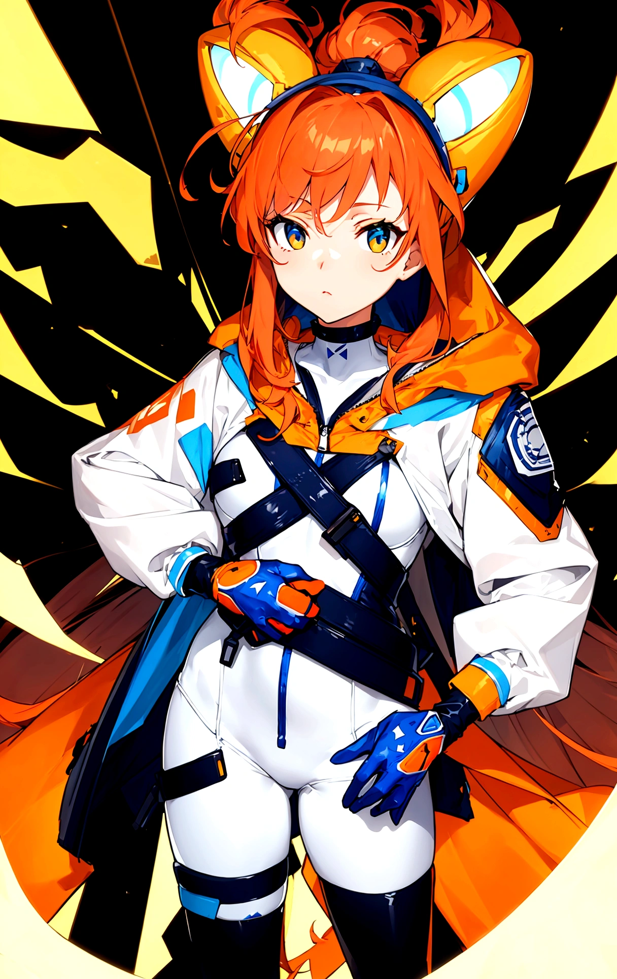 Blue and white bodysuit, wrapped hands, half up half down hair, orange jacket