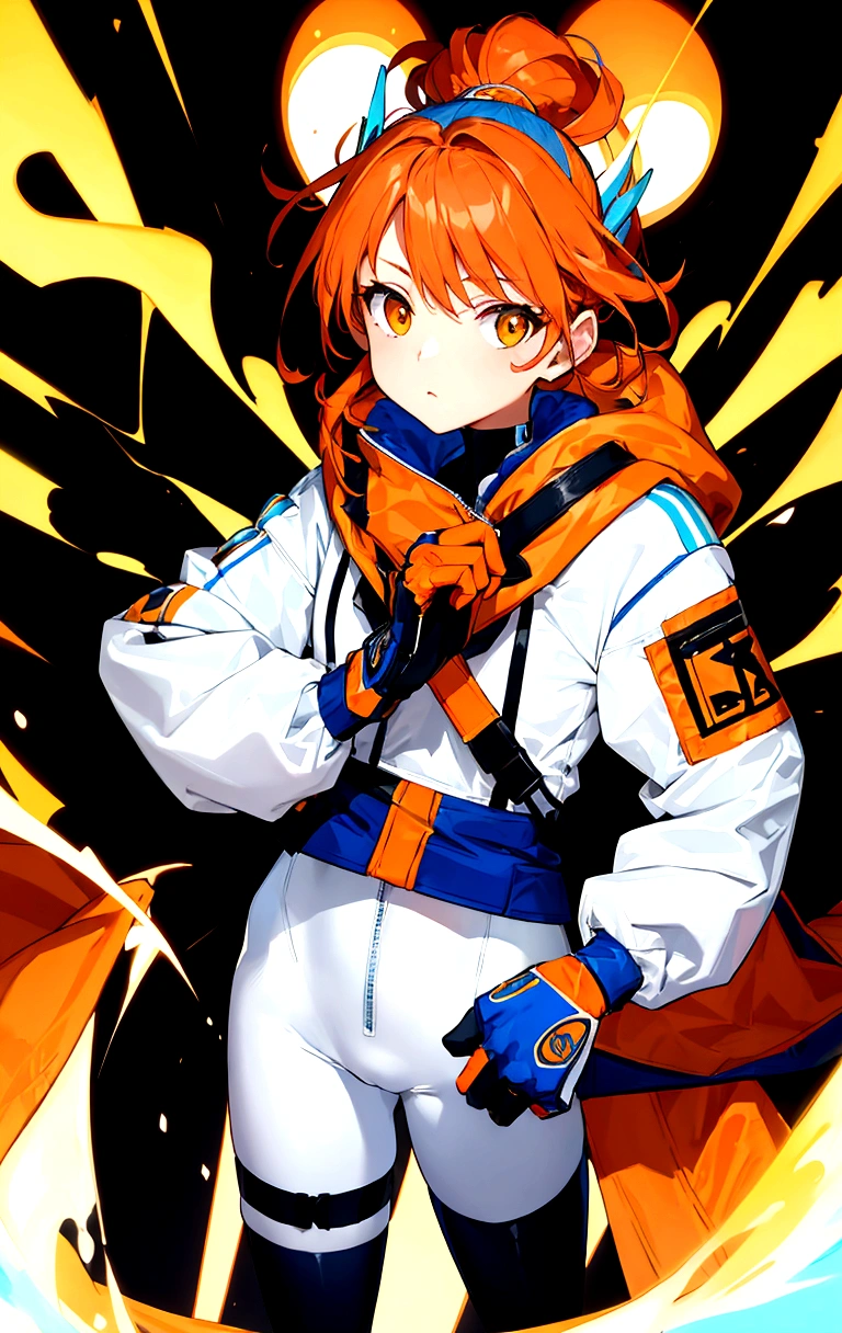 Blue and white bodysuit, wrapped hands, half up half down hair, orange jacket