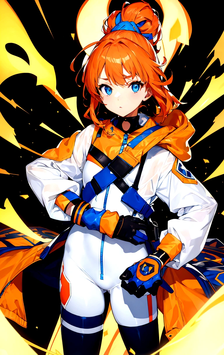 Blue and white bodysuit, wrapped hands, half up half down hair, orange jacket