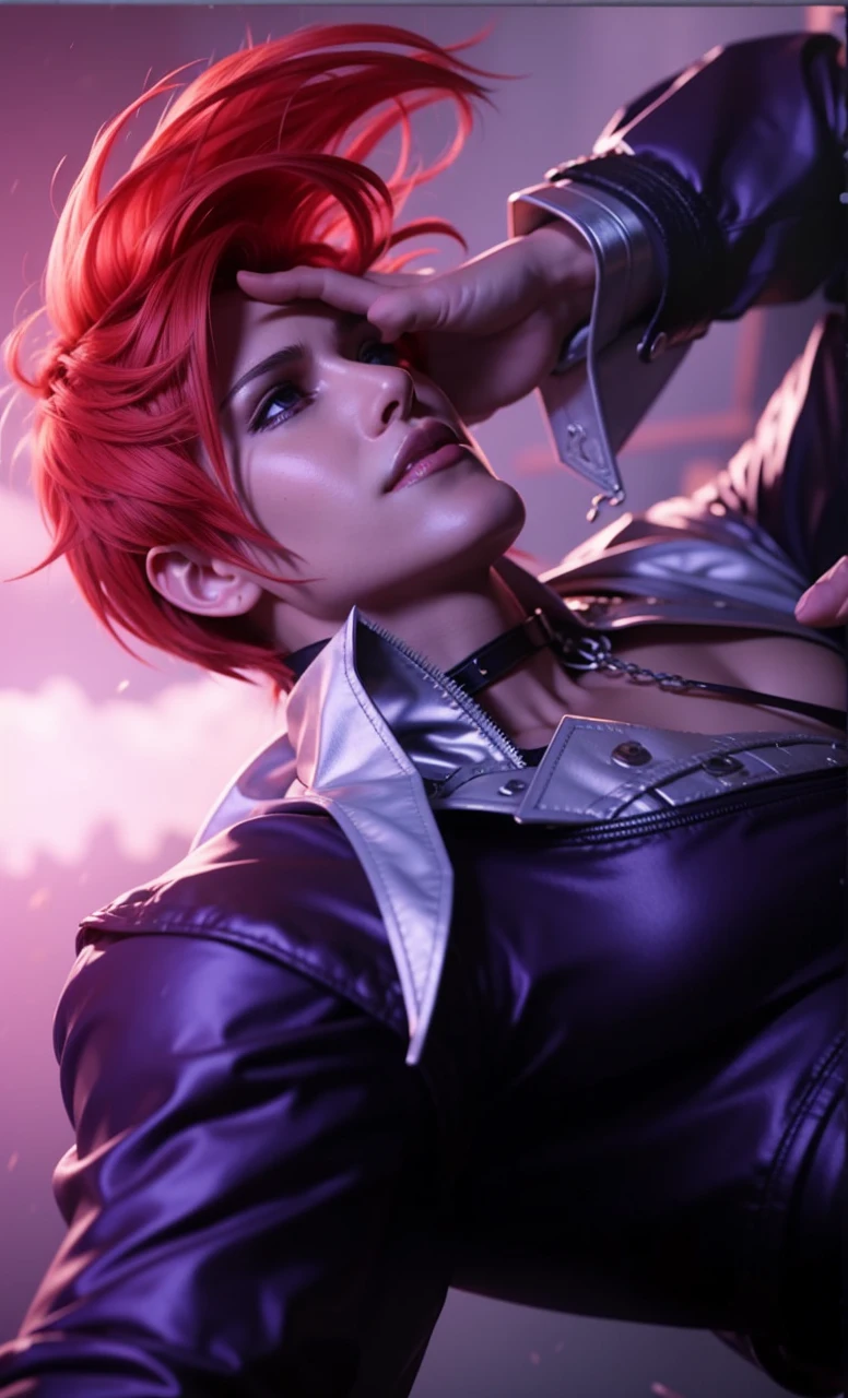 a detailed digital art of cloud strife from final fantasy vii remake, high quality detailed portrait, beautiful detailed eyes, beautiful detailed lips, extremely detailed face and red hair, longeyelashes, dramatic lighting, cinematic composition, vibrant colors, intricate details, masterpiece, 8k, hyper realistic, photorealistic, 3d render, volumetric lighting, glossy skin, depth of field, chiaroscuro lighting, dramatic shadows, moody atmosphere