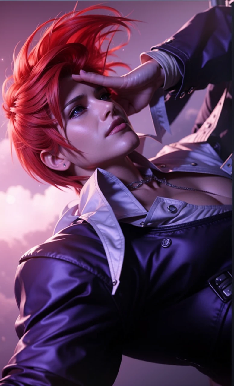 a detailed digital art of cloud strife from final fantasy vii remake, high quality detailed portrait, beautiful detailed eyes, beautiful detailed lips, extremely detailed face and red hair, longeyelashes, dramatic lighting, cinematic composition, vibrant colors, intricate details, masterpiece, 8k, hyper realistic, photorealistic, 3d render, volumetric lighting, glossy skin, depth of field, chiaroscuro lighting, dramatic shadows, moody atmosphere
