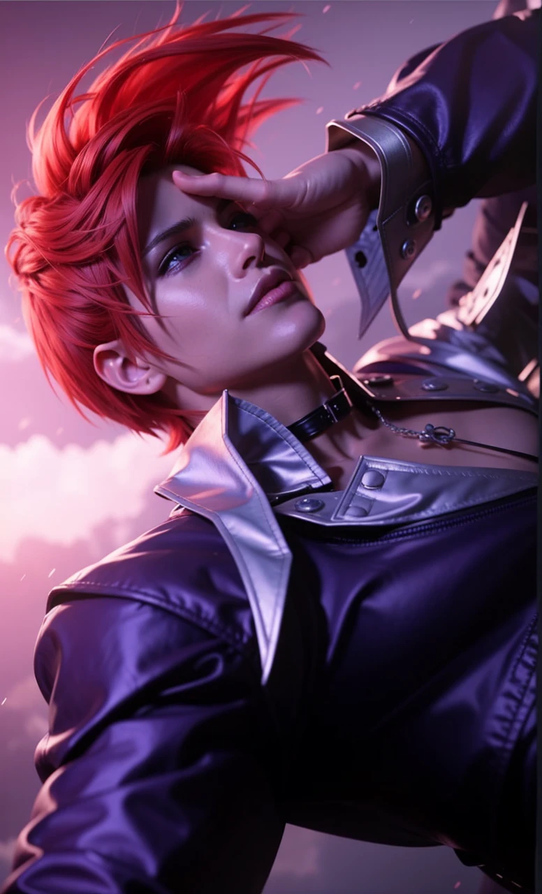 a detailed digital art of cloud strife from final fantasy vii remake, high quality detailed portrait, beautiful detailed eyes, beautiful detailed lips, extremely detailed face and red hair, longeyelashes, dramatic lighting, cinematic composition, vibrant colors, intricate details, masterpiece, 8k, hyper realistic, photorealistic, 3d render, volumetric lighting, glossy skin, depth of field, chiaroscuro lighting, dramatic shadows, moody atmosphere