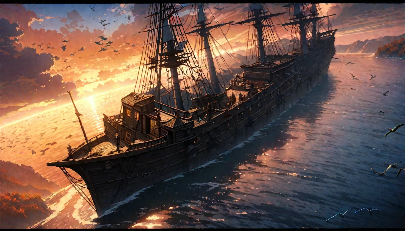 anime aestetics, anime scenery, view from the cliff next to the ocean, large sailing ship at the ocean, red and white sail, blue flag, made of dark brown trees, old ship, traidors ship, calm atmosphere, early mourning, a new dawn, majula, birds flying at the sky, a few orange clouds, little waves, peaceful view, wide shot, atmospheric perspective, perspective, 4K, high quality, best quality, super detail, masterpiece