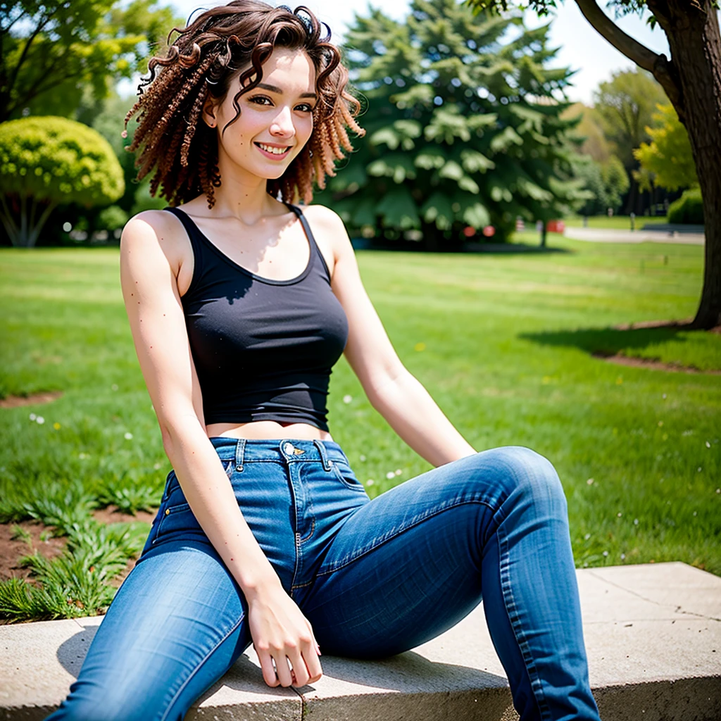 analorde, a woman, smiling, sitting under the tree, deep cut black top, tight jeans, big natural , realistic, photography, red curly medium hair, 