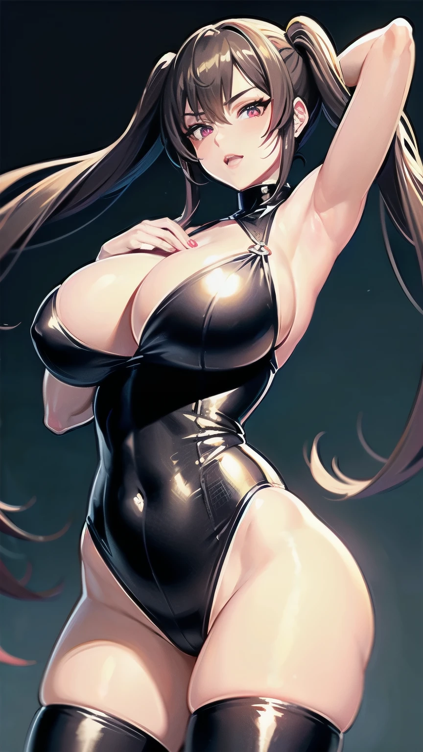 expressive eyes, perfect face, perfect hands, sexy leather suit, cleavage, gigantic breasts, thicc thighs, long high twintails, mean eyes, red eyes,