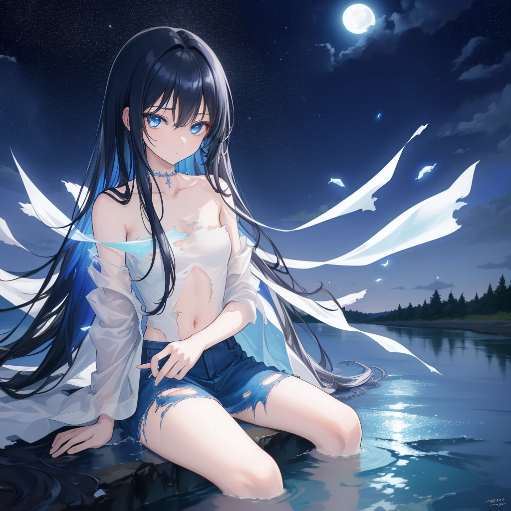 ((A long shot)) of a black-haired anime girl, ((sitting in a river)), ((strong moonlight)), cinematic light, slim body, skin is perfectly healthy, soft, and smooth, Extremely delicate and beautiful CG illustration, best quality, high resolution, dynamic angle, full-length lens, (1 girl), floating, (soft light, high-key lighting), glowing light, blue halo, blue crystal, ((very cinematic)), ((half naked)), ((torn clothes))