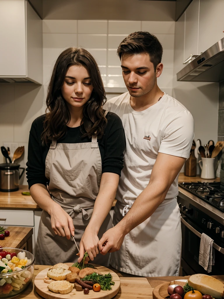 Young married couple preparing dinner together in the kitchen