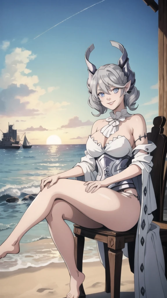 Beautiful arts wallpaper Sunset Outside castle top High level image quality best image quality 8K adult woman silver castle outside more colors whole body view portrait wearing pure white pirate dress horn ears short hair((shortcut)(gray hair)(perm)(fluffy)) eye color is blue , , attractive evil face , smile , beach , labrynth , barefoot , teasing with her breast, , sitting with crossed legs , waves