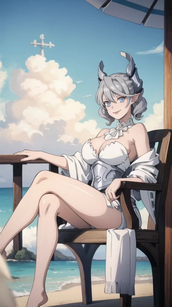 Beautiful arts wallpaper Sunset Outside castle top High level image quality best image quality 8K adult woman silver castle outside more colors whole body view portrait wearing pure white pirate dress horn ears short hair((shortcut)(gray hair)(perm)(fluffy)) eye color is blue , , attractive evil face , smile , beach , labrynth , barefoot , teasing with her breast, , sitting with crossed legs , waves