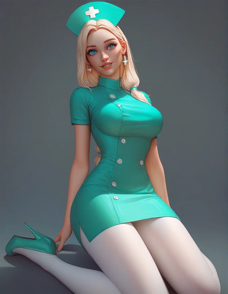 score_9, score_8_up, score_7_up, source_cartoon, looking at viewer, hourglass figure, face focus, 1 girl, solo girl, pretty face, cute girl, large breasts, blond hair, long hair low tied, blue eyes, infirmary kneeling, whole body shot, kind smile, parted lips, hud_nrse_vintg, white nurse cap, white pantyhose, mint green dress, white buttons, short sleeves, jewelry, earrings, breasts, mint green high heels,