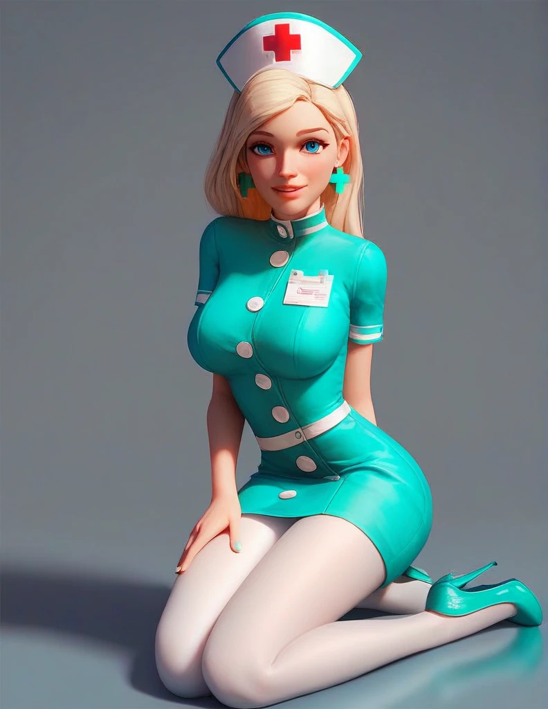 score_9, score_8_up, score_7_up, source_cartoon, looking at viewer, hourglass figure, face focus, 1 girl, solo girl, pretty face, cute girl, , blond hair, long hair low tied, blue eyes, infirmary kneeling, whole body shot, kind smile, parted lips, hud_nrse_vintg, white nurse cap, white pantyhose, mint green dress, white buttons, short sleeves, jewelry, earrings, , mint green high heels,