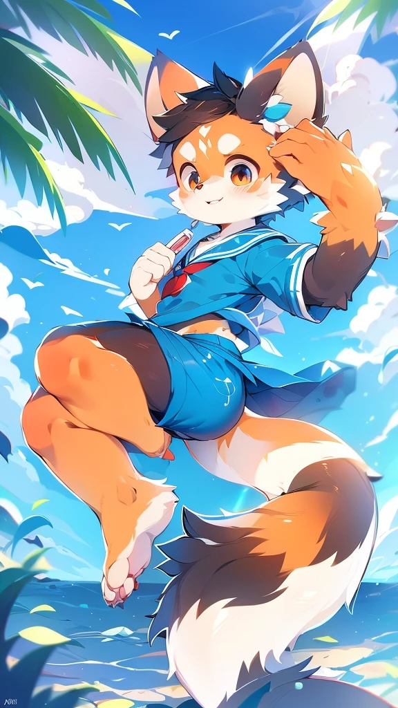 Male Red Panda, Ocean, Appeared wearing a sailor uniform! One in heat, Sitting,fly in the sky,Blue light with two legs,
