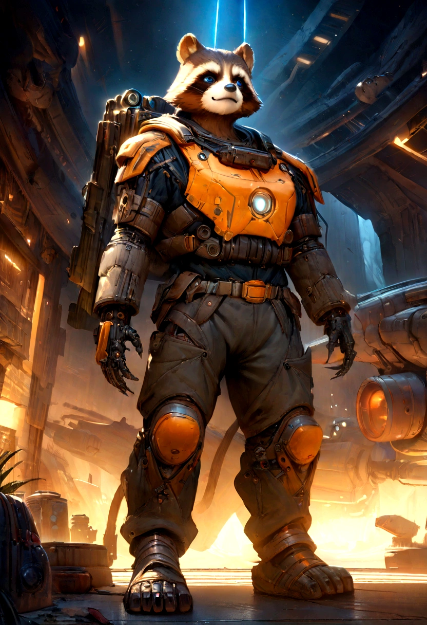 a painting of a rocket raccoon, (highres, best quality:1.2), radiance, soft contours, beautiful drawing, concept art, detailed background, unreal engine, cozy indoor lighting, artstation, detailed, digital painting, cinematic, character design by mark ryden and pixar and hayao miyazaki, unreal 5, daz, hyperrealistic, octane render,gotg ,guardians of the galaxy , rocket racoon
