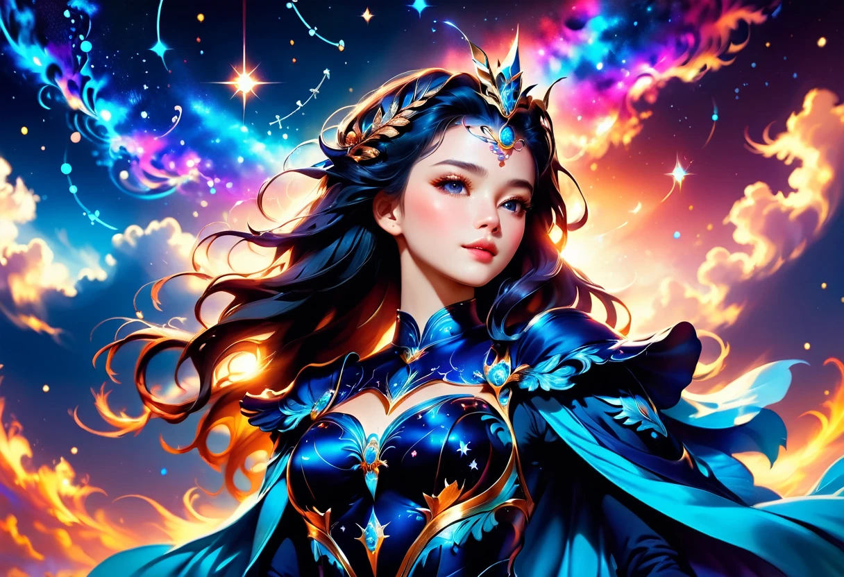 a portrait of an astrologer looking at libra constellation in the night sky, an extraordinary beautiful woman, there is magic in her eyes divining the future from the Libra constellation, dynamic hair color, dynamic hair style, wearing an intricate red dress decorated with glowing stars, she looks to the night sky seeing the ((Libra constellation in the sky: 1.5)), vibrant, Ultra-high resolution, High Contrast, (masterpiece:1.5), highest quality, Best aesthetics), best details, best quality, highres, 16k, [ultra detailed], masterpiece, best quality, (extremely detailed), Cinematic Hollywood Film, magical sky, FireMagicAI, dark novel