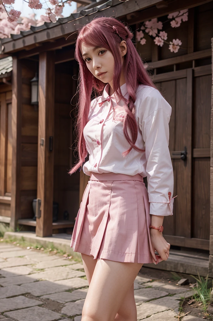 masterpiece, best quality, highres, absurdres, 1girl, crowd, skirt, pink hair, gasai yuno, from below, revealing clothes, skindentation, outdoors, sunlight, street, looking at viewer, blush,