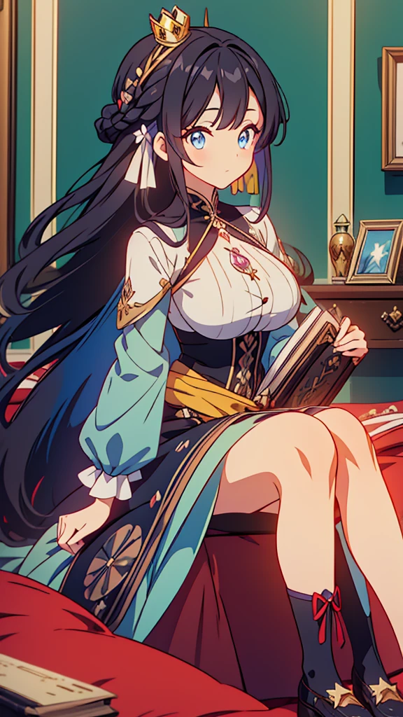 best quality, extremely detailed, anime style adult 1girl, long hair down to the waist, straight hair, ((dark black hair with bluish)),crown braid,beautiful detailed eyes, pinched eyes, dark blue eyes, huge breasts,curvy,(((colorful clothing))),Western clothes,Active Clothing,Clothing with intricate decorations,star decoration,((foppery shoes)),sit on a chair,((read a book)),animation cap,animated gif,((((western princess room)))),from side