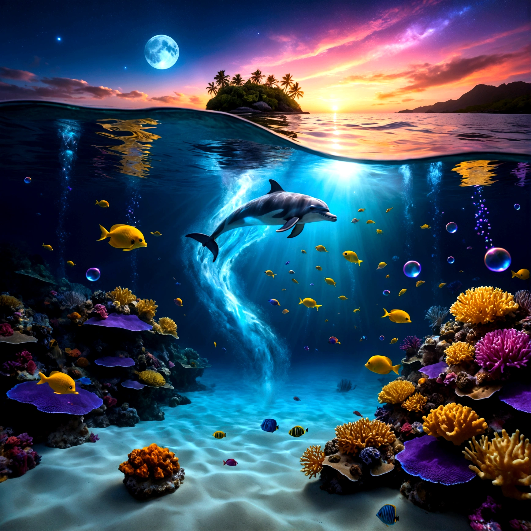 The image depicts a dreamlike and captivating underwater scene, where imagination meets reality. In the foreground, a diver explores the depths of a colorful coral reef, surrounded by small bioluminescent creatures that dance around her, leaving behind luminous trails. The tropical fish with pulsating lights and the vibrant corals of all colors enhance the brilliance of this underwater landscape. Bioluminescent orbs float in the water, emitting a soft blue light and creating mystical reflections.
As we move towards the water's surface, the composition transforms into a cosmic vision. A powerful wave breaks, revealing within its swirling crests a massive human eye, symbolizing divine observation. Just above this wave, a dolphin leaps gracefully, leaving behind a trail of stardust, connecting the sea and the starry sky. Ethereal bubbles reflecting the cosmic sky float gently around the underwater scene. The sky in the background is a blend of blue, violet, and golden hues, with a luminous moon that appears both near and far. The scene is enveloped in a shimmering mist, giving it an ethereal quality. This fusion of marine and celestial elements creates a surreal and poetic scene, inviting the viewer to dive into a waking dream where the boundaries between worlds blur.